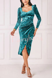 Solid Color Velvet Long-sleeved Slim-fit Slit Midi Dress