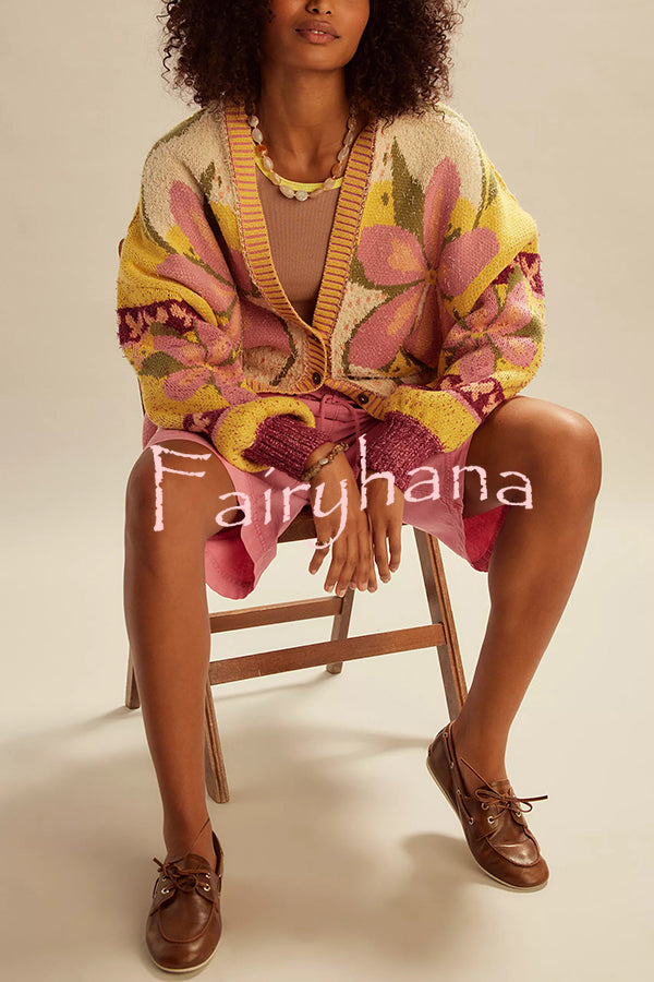 Floral Pattern Loose Long-sleeved Knitted Cardigan