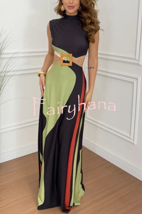 Bettie Printed High Neck Square Buckle Cutout Waist Maxi Dress