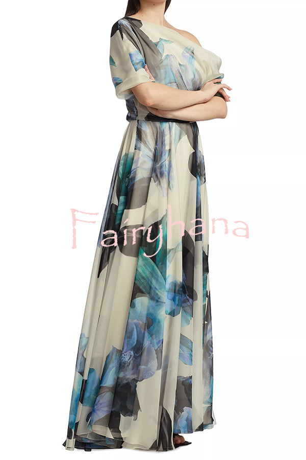 Unique Printed Bohemian Short-sleeved One-shoulder Maxi Dress