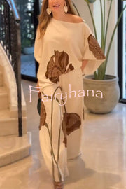 Floral Print Batwing Sleeves Loose-fitting Top and Relaxed Pocket Straight Pants Set