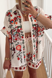 Linen Blend Floral Print Short Sleeve Loose Shirt and Elastic Waist Tie Casual Shorts Set