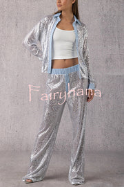 Fashion Sequined Loose Long-sleeved Shirt and Casual Elastic Waist Wide-leg Pants Set