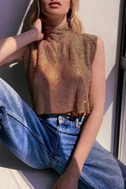 Sexy High-neck Rhinestone Metallic Top
