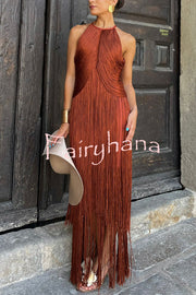 Fashion Sleeveless Halter Neck Elegant Tassel Slim Maxi Dress