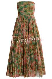 Romantic Factor Pleated Mesh Watercolor Print Bow Detail Strapless Maxi Dress