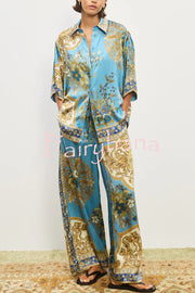 Satin Floral Print Loose Shirt and Elastic Waist Pocket Casual Wide-leg Pants