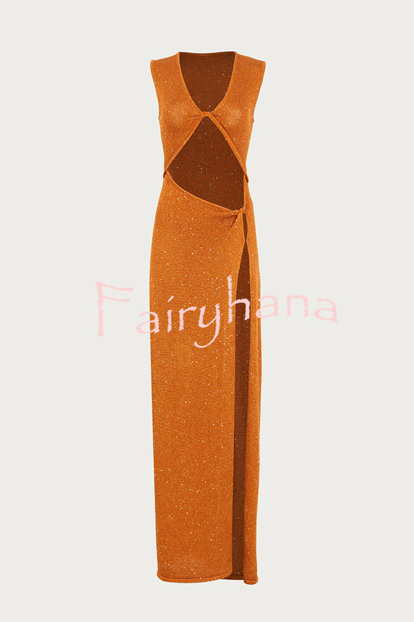 Beautiful Figure Shiny Knit Fabric Cutout Side Slit Stretch Vacation Maxi Dress