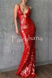 Reshape Beauty Fish Scale Sequin Cutout U-neck Slip Maxi Dress