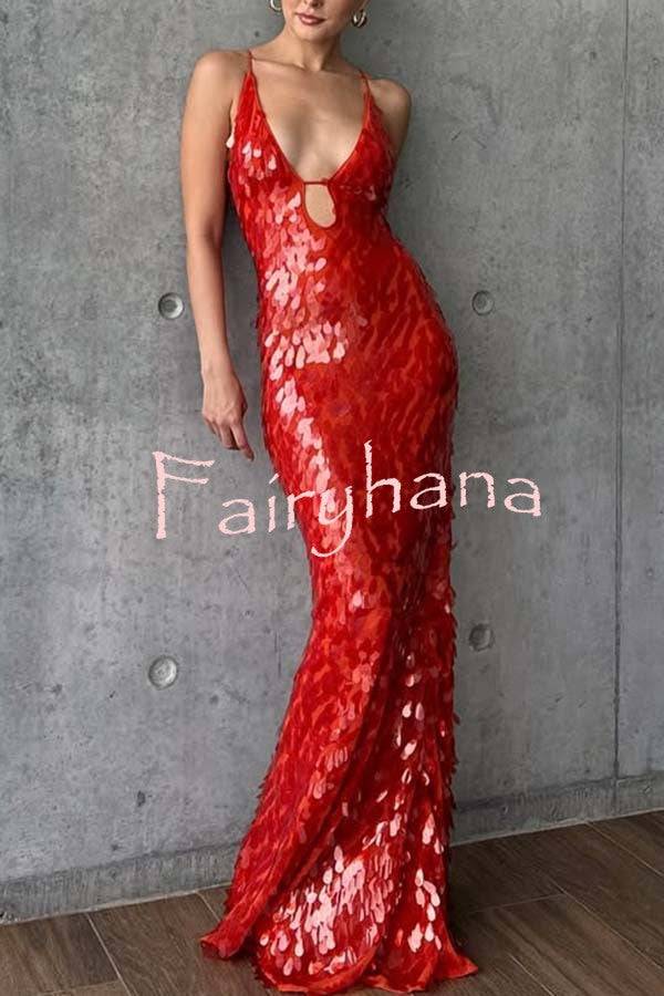 Reshape Beauty Fish Scale Sequin Cutout U-neck Slip Maxi Dress