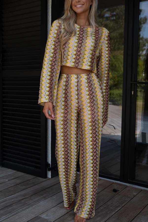 Tamia Knit Colorful Wave Unique Print Crop Top and Stretch Wide Leg Pants Set
