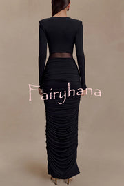 Sexy See-through Long-sleeved V-neck Pleated Slim-fit Maxi Dress