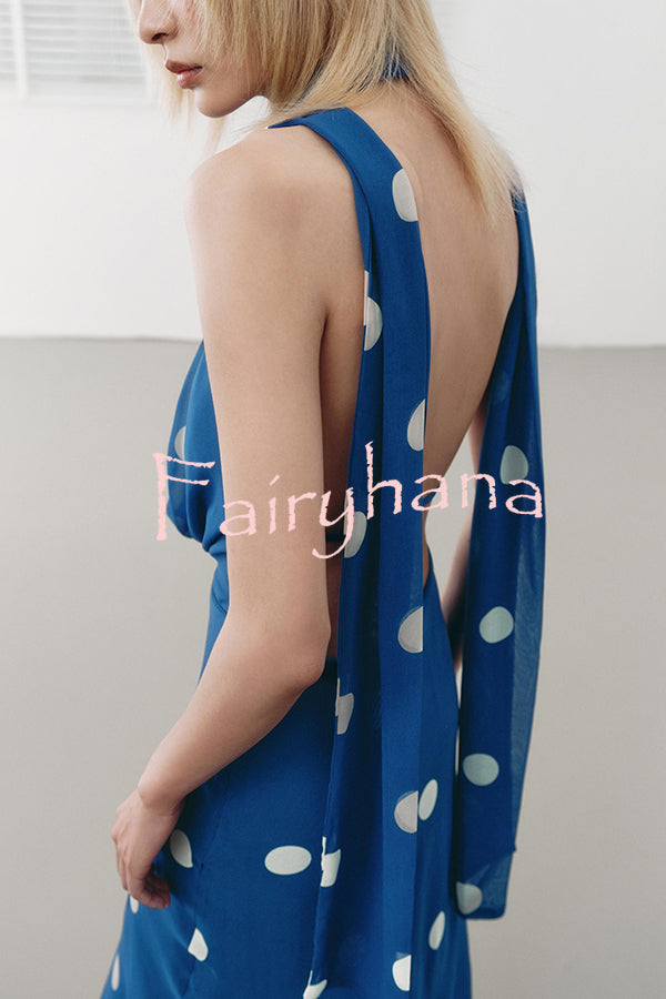 Fashion Polka Dot Print Sexy Halter Neck Backless Maxi Dress