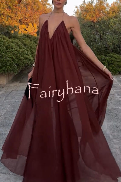 Flowing Lightweight Chiffon Chain Halter Neck Detail Backless A-line Maxi Dress