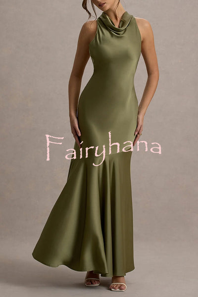 Timeless Sophistication Satin Cowl Detail Back Self-tie Halter Neck Maxi Dress