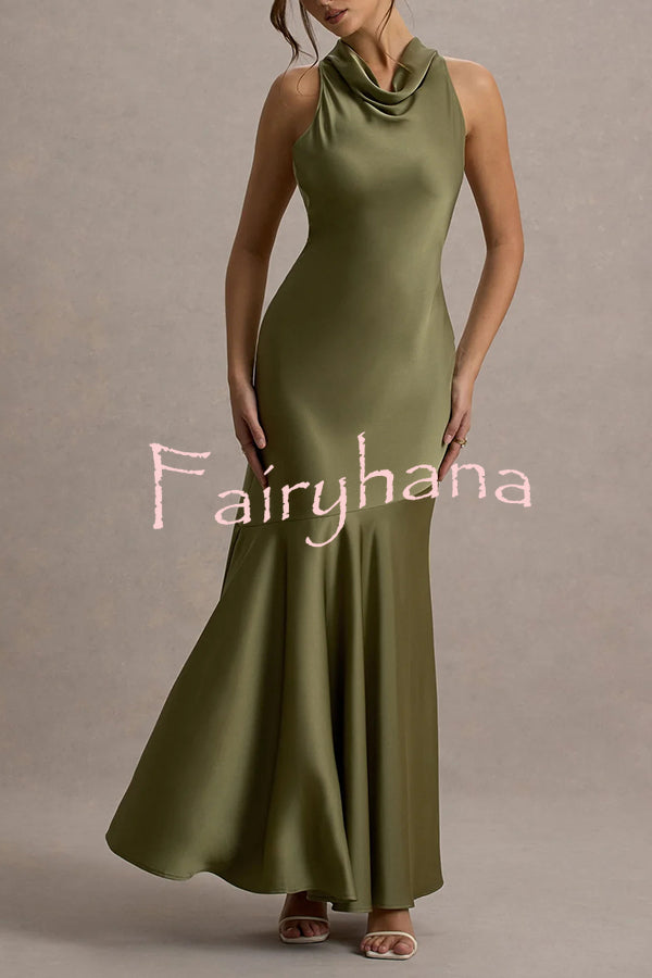 Timeless Sophistication Satin Cowl Detail Back Self-tie Halter Neck Maxi Dress