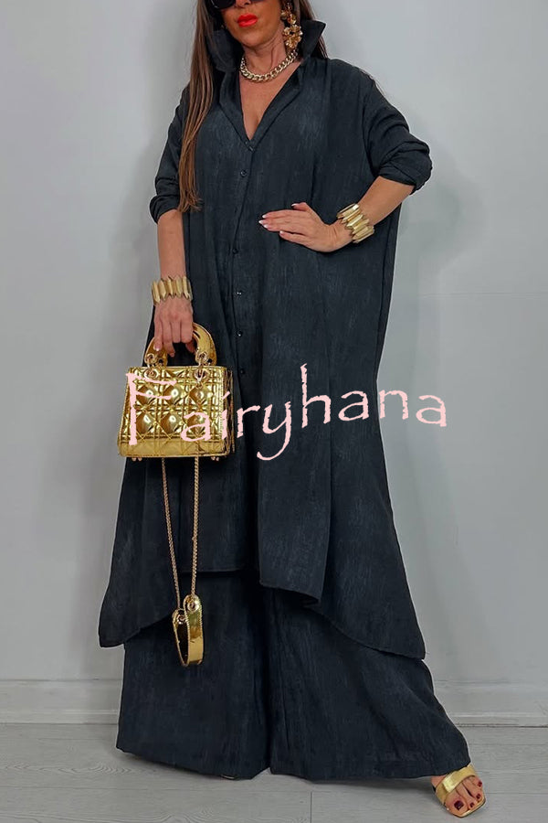 Solid Color Casual Loose Long Shirt and Elastic Waist Pocket Wide Leg Pants Set