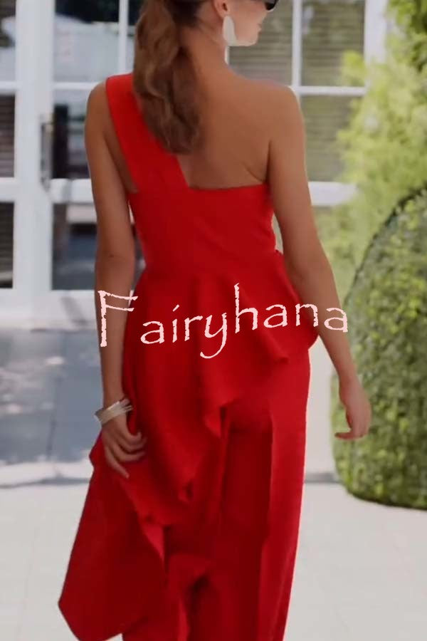 Amena One Shoulder Sweetheart Neck Ruffle Hem Top and Elastic Waist Pocket Wide Leg Pants Set