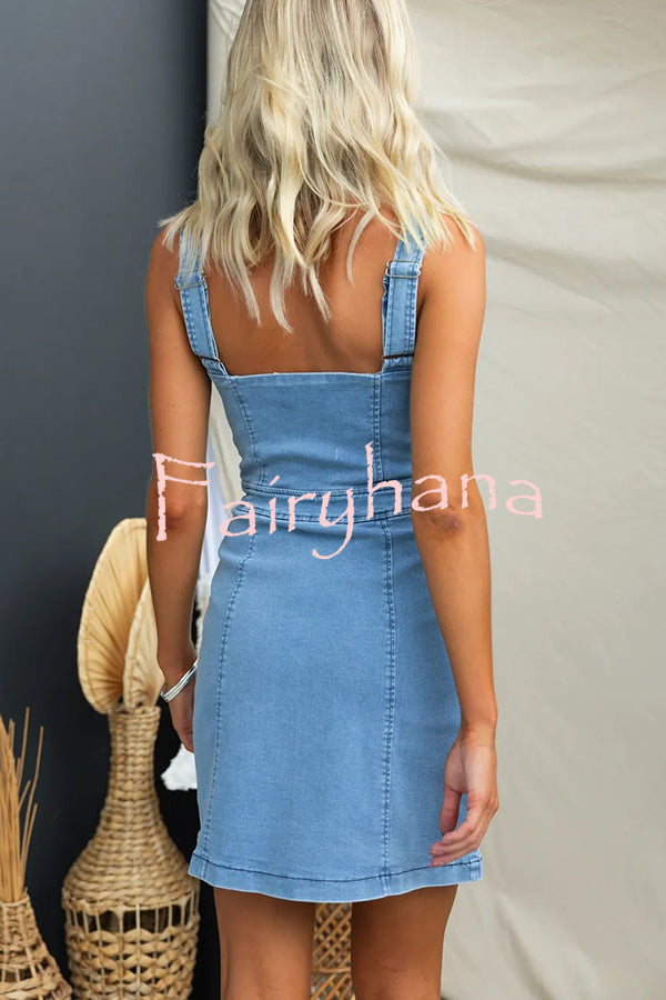Nylah Denim Front Center Zipper Princess Line Pocket Stretch Mini Dress