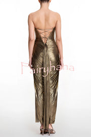 Amisha Metallic Pleated Shell Cups Hollow Gold Pendant Strapless Drape Slit Maxi Dress