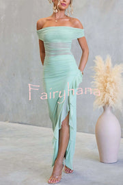 Sexy Mesh Off-shoulder Slim Fit Ruffled Slit Maxi Dress