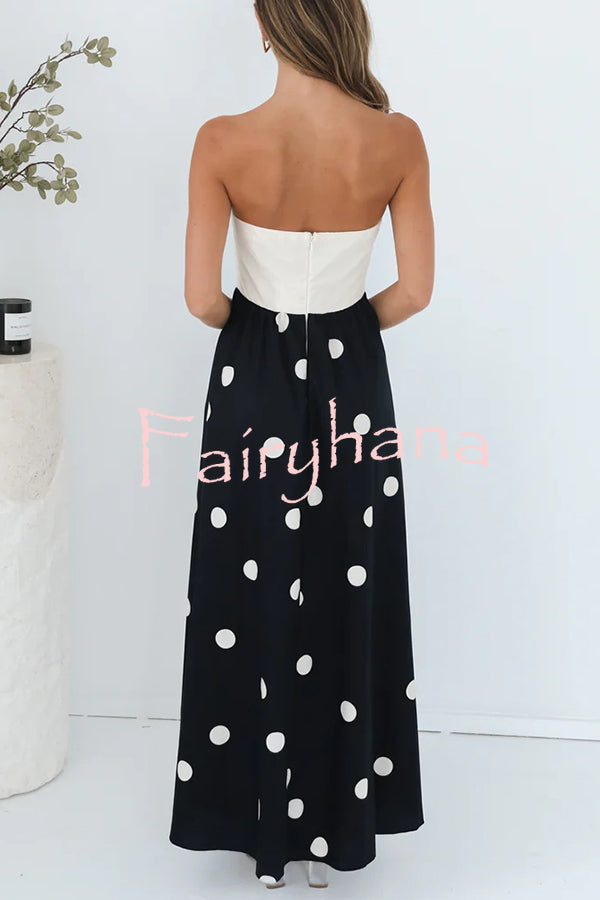 Fashion Polka Dot Print Tube Top Spliced Maxi Dress