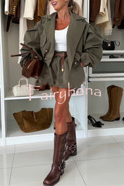 Fashion Style Button Long Balloon Sleeve Pocket Lapel Casual Bomber Jacket