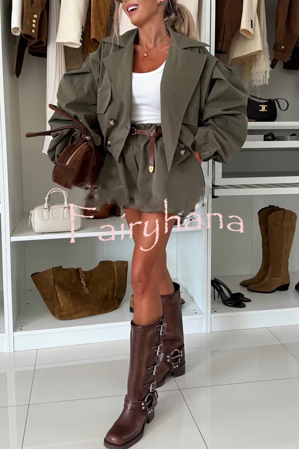 Fashion Style Button Long Balloon Sleeve Pocket Lapel Casual Bomber Jacket