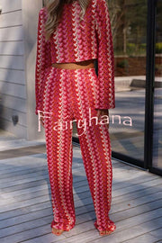 Tamia Knit Colorful Wave Unique Print Crop Top and Stretch Wide Leg Pants Set