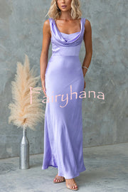 Chic Muse Satin Solid Color Cowl Neck Back Tie-up Maxi Dress