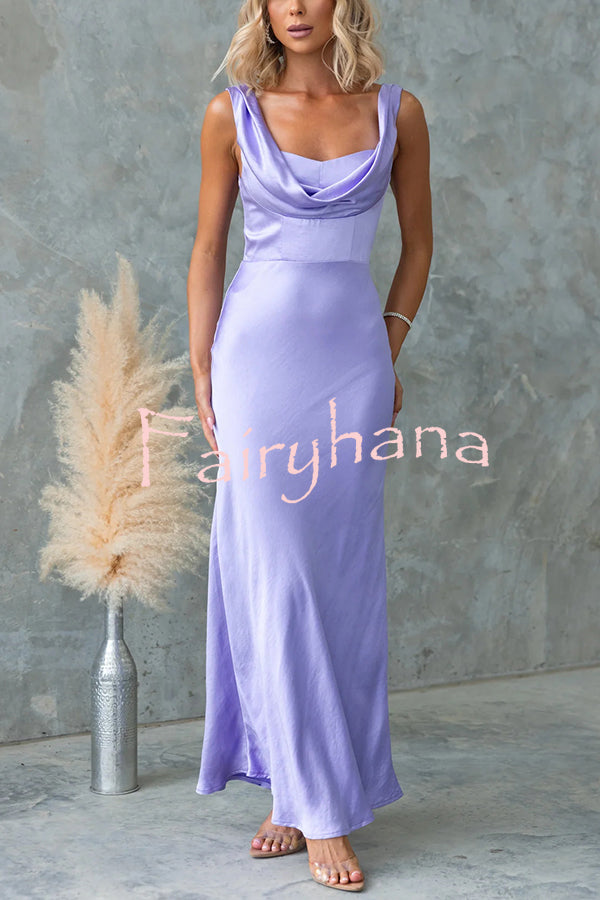 Chic Muse Satin Solid Color Cowl Neck Back Tie-up Maxi Dress