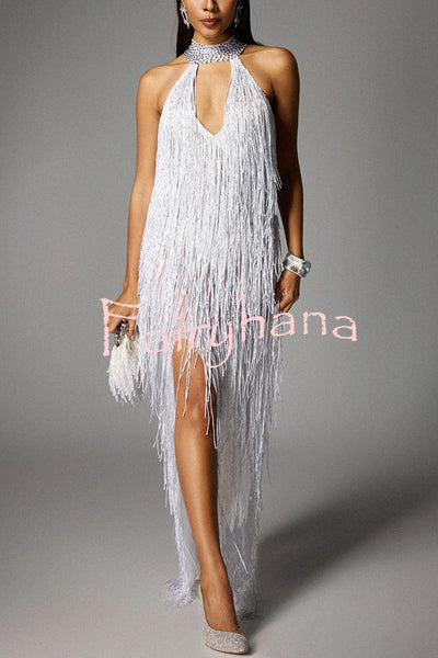 Glimmer Hour Shiny Layered Tassels Halter Cutout Neck Split Maxi Dress