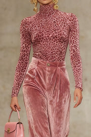 Velvet Leopard Print Turtleneck Long-sleeved Fitted Top