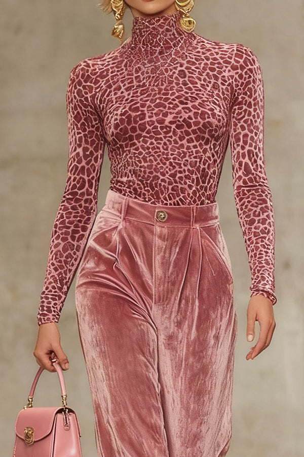 Velvet Leopard Print Turtleneck Long-sleeved Fitted Top
