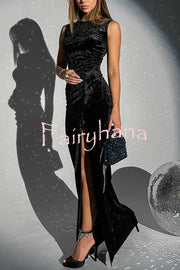 Solid Color Velvet Round Neck Sleeveless Slim Slit Maxi Dress