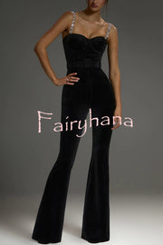 Eliza Luxurious Velvet Fabric Jewel-embellished Shoulder Straps Belted Flare Jumpsuit