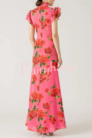 Cheongsam Style Rose Floral Print Tiered Flare Sleeve Stretch Maxi Dress