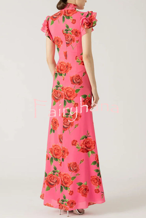 Cheongsam Style Rose Floral Print Tiered Flare Sleeve Stretch Maxi Dress