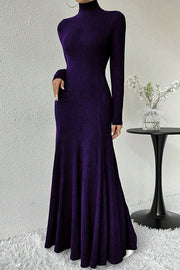Solid Color High-neck Long-sleeved Slim-fit Fishtail Elegant Maxi Dress