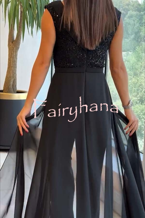 Officially Shining Crew-neck Sequin Textured-panel Tulle Cape Jumpsuit