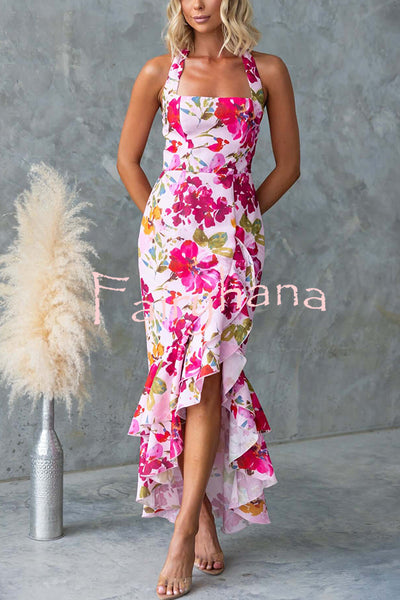 Floral Fantasy Printed Halterneck Backless Slit Ruffles Maxi Dress