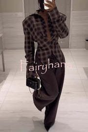 Vintage Plaid Shoulder Pad Buttons Long Sleeve Angled Hem Shirt