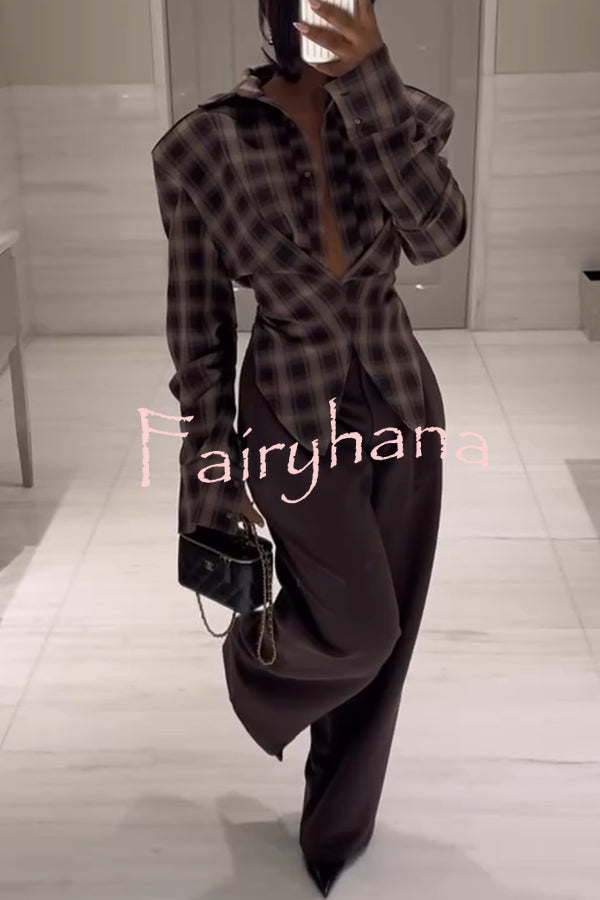 Vintage Plaid Shoulder Pad Buttons Long Sleeve Angled Hem Shirt