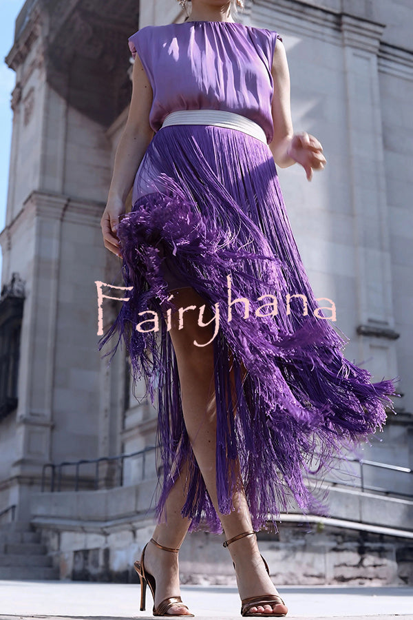 Elegant Tassel Hem Elastic Waist Casual Maxi Skirt