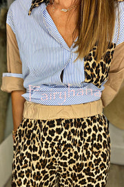 Leopard Print Patchwork Long-sleeved Loose Shirt and Elastic Waist Casual Pocket Wide-leg Pants Set