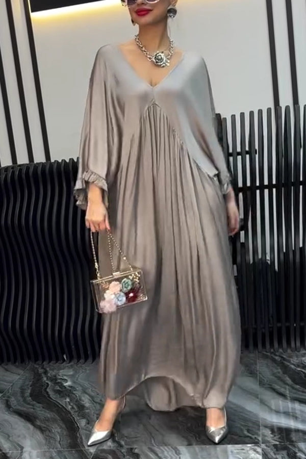 Satin Solid Color V-neck Lotus Leaf Sleeve Loose Pleated Maxi Dress