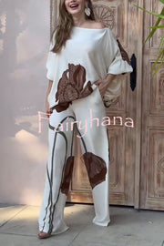 Floral Print Batwing Sleeves Loose-fitting Top and Relaxed Pocket Straight Pants Set