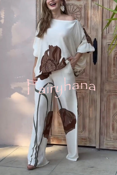 Floral Print Batwing Sleeves Loose-fitting Top and Relaxed Pocket Straight Pants Set