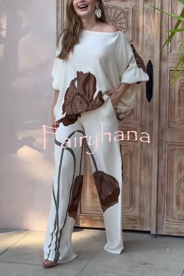 Floral Print Batwing Sleeves Loose-fitting Top and Relaxed Pocket Straight Pants Set