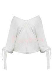 Joyful Bond Linen Blend V-neck Knotted Cuff Half Sleeve Loose Top